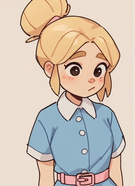 score_9, score_8_up, score_7_up, <lora:bspiper:1>bspiper , 1 girl blonde hair  ,hair bun    ,blue dress , ,pink belt ,upper body,  ,short sleeves,short dress,   <lora:Yagi_the_Goat_Style:1>