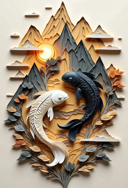 Paper quilling artwork: Yin-Yang koi fish
Core:
Two fish (white & black) climbing mountain
Symmetrical composition, embodying balance
koi fish
White (Yang): Sun-lit slope, muscular, alert
Black (Yin): Shadowy face, powerful, reflective
Detailed fur/stripes with paper strips
Mountain:
Towering peak, jagged terrain
Misty lower slopes, paper filigree clouds
Distant ranges in background
Subtle alpine flora details
Specs:
16K ultra-high resolution
Photorealistic paper sculpture style
Multi-layered for 3D depth
Archival paper, macro detailing
Dynamic lighting, soft shadows
Artistic focus:
Balance and duality symbolism
Intricate paper manipulation
Opposing yet connected forces
Museum-grade craftsmanship
Colors:
Earthy tones
Contrasting light/shadow
Natural gradients
Capture interconnected energies through meticulous paper art.