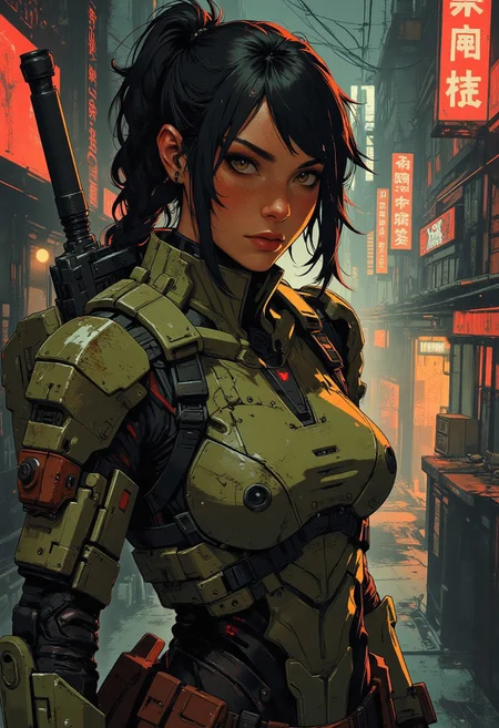 magnificent, closeup portrait, female bounty hunter, braided black hair, futuristic armor, halo spartan, spartan armor, sexy, curvy, large breasts, large ass, guns, gun, gun on back, gun in hand, Cyberpunk City, Neon Lights, foreshortening,
looking at viewer, solo, 
Cowboy Shot, close up, from above,