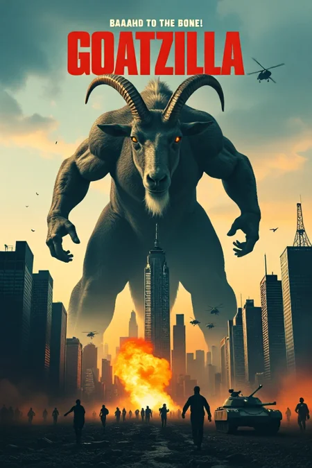mvpstr. Epic movie poster for "Goatzilla" features a colossal goat rampaging through a city, towering over skyscrapers with massive hooves crushing buildings beneath it. The goat has glowing red eyes, sharp horns, and steam snorting from its nostrils. Citizens are running in panic below, while military helicopters and tanks attempt to stop the chaos. The background shows the city skyline in ruins, with smoke and flames rising. The tagline at the top reads, "Baaahd to the Bone!" <lora:schnell_v1.0:1.0> <lora:EpicMoviePoster-000015:0.8>