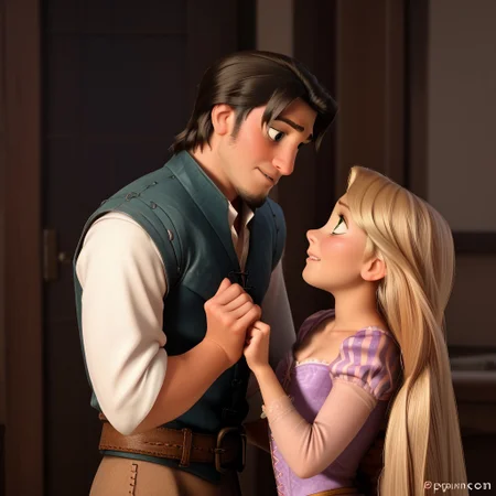 score_9, score_8_up, score_7_up, score_6_up, score_5_up, score_4_up, 1boy, 1girl, RapunzelFlynn, looking at each other