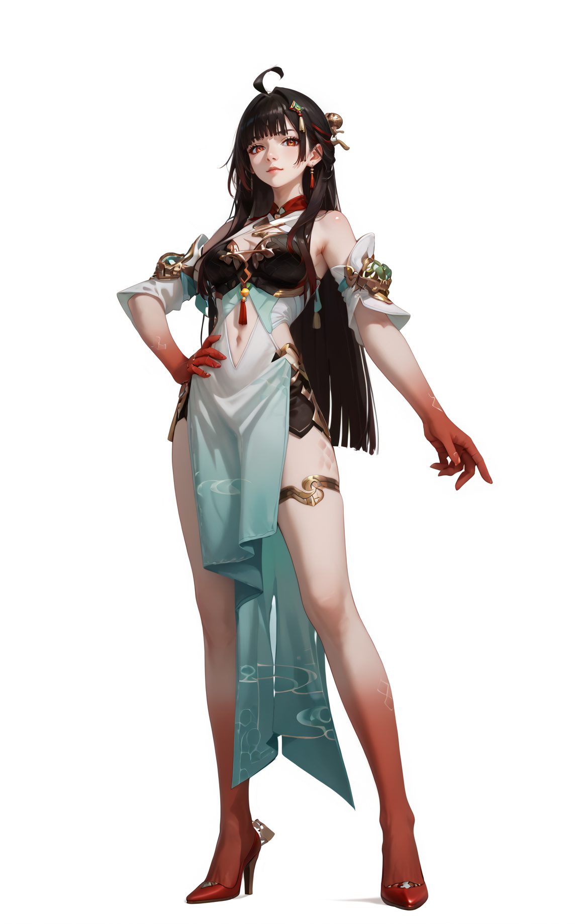 score_9, score_8_up, score_7_up, score_anime, 8k, best quality, masterpiece, (ultra-detailed), (high detailed skin), (by nanoless, by misumi \(macaroni\):0.5), <lora:YLI 0.1v:0.25>, <lora:style1:0.25>, 
<lora:lingsha-pony-Tanger-000018:0.8>, lingsha, default clothes, red hands, red feet, 1girl, long hair, black hair, breasts, ahoge, high heels, 
A full-body portrait of a young girl, standing gracefully, pastel art style, high-key lighting, shoujo manga influence, hd quality, delicate details, 
full body, full shot, standing, looking at viewer, (solo:1.2), simple background, white background, hand on own hip,