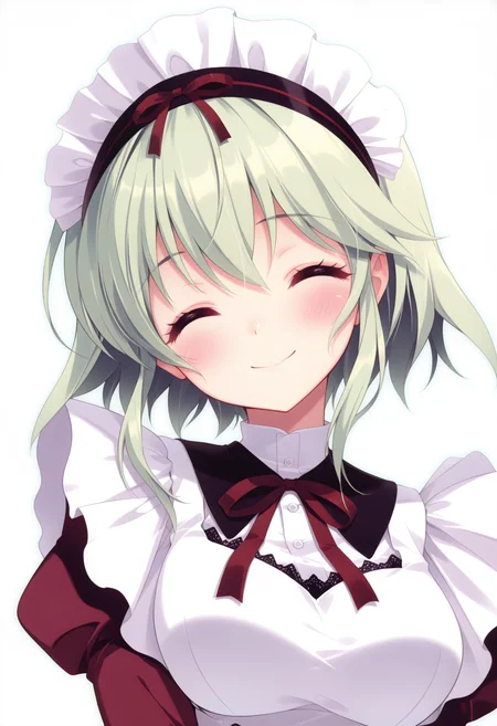 (best quality , masterpiece, good quality), very aesthetic, absurdres, general, sfw, 1girl, solo, msange, closed eyes, short hair, green hair, maid, smile, blush, closed mouth, looking at viewer, head tilt, upper body, simple background, white background, <lora:ms-angelina_ilxl:1>,