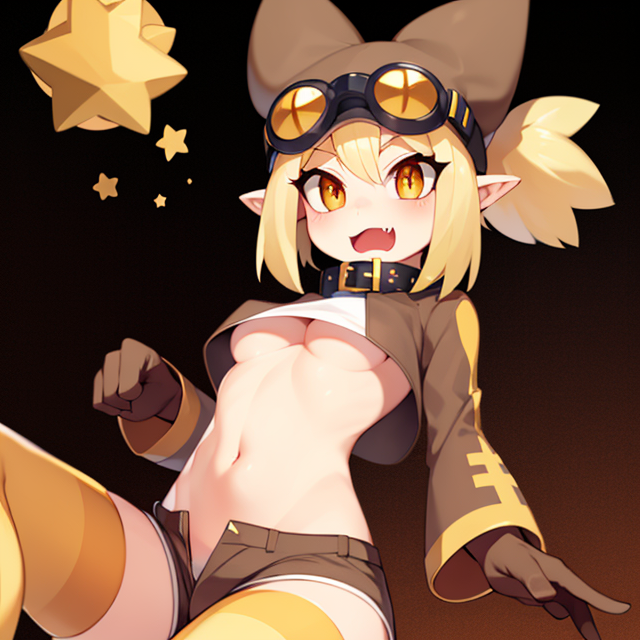 Thief,blonde hair,pointy ears,navel ,yellow eyes,ponytail,underboob,slit pupils,orange eyes,fang ,
ThiVS,animal hat,striped thighhighs,goggles on head,crop top,brown shorts ,brown gloves,paw shoes,long sleeves ,
outer space,  gold treasure chests, stars, milky way, gold coins,
(insanely detailed, beautiful detailed face, masterpiece, best quality)      <lora:Thief:0.7>