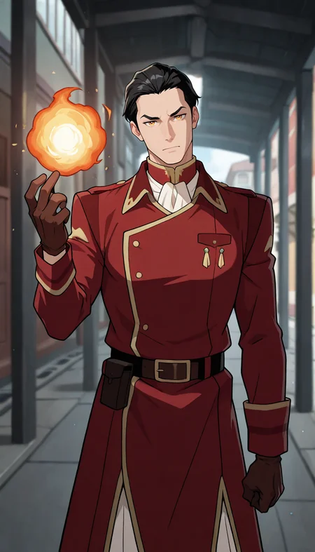 masterpiece,best quality,absurdres,newest,perfect quality,best quality,absolutely eye-catching,detailed background,intricate details,male focus,solo,<lora:Legend of Korra - General Iroh - Illustrious-000006:0.7>,geniroh,black hair,short hair,slicked back hair,amber eyes,short red uniform coat,brown belt,white pants,white neckerchief,brown gloves,outdoors,head tilt,looking at viewer,casting spell,holding fireball,