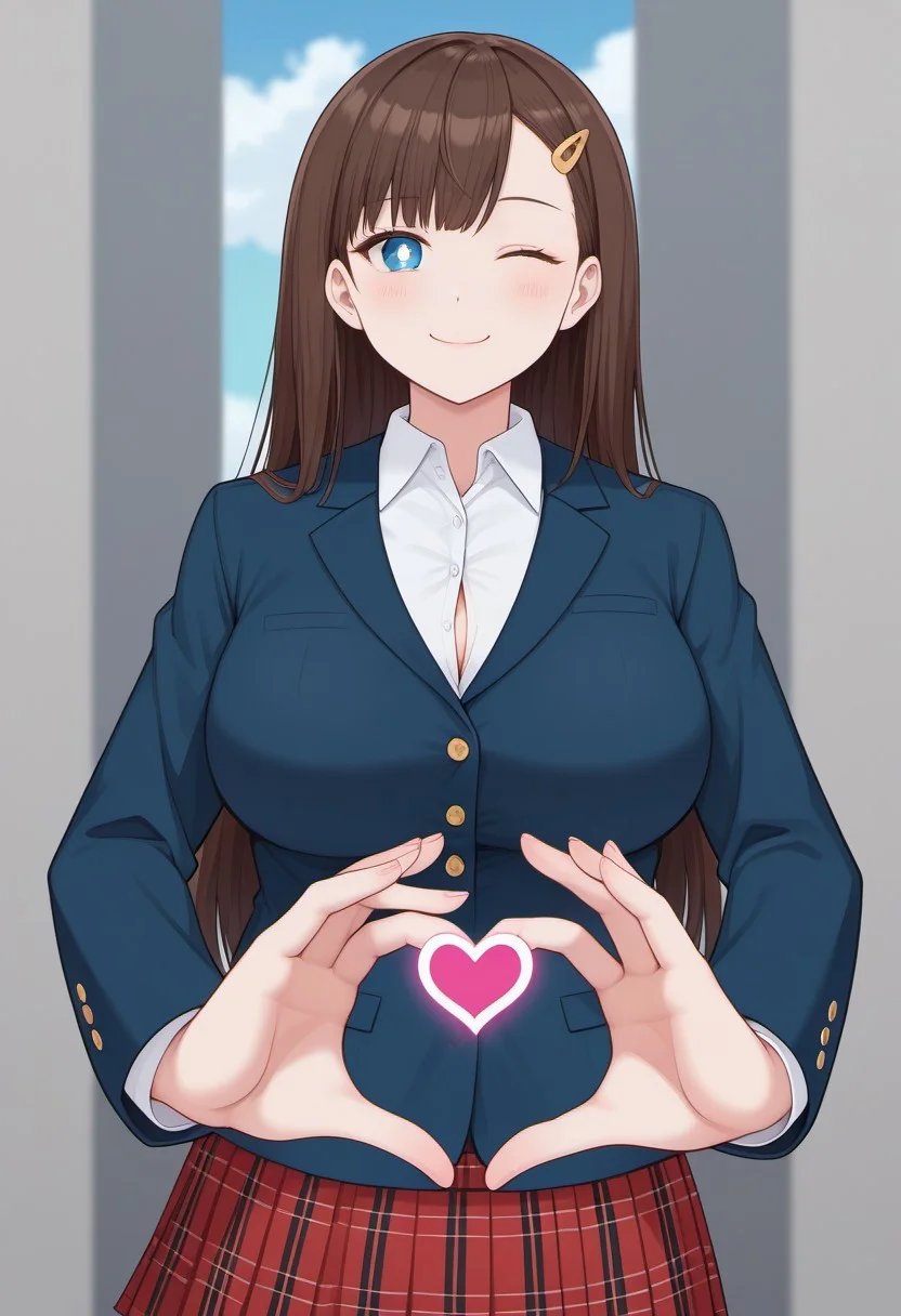 saotome_noan, bright pupils, white pupils, blue eyes, brown hair, long hair, yellow hairclip, hair ornament, cleavage, white shirt, collared shirt,, closed mouth,smile,, masterpiece, best quality, very aesthetic, absurdres, general,, 1girl, solo, large breasts,
blue blazer, school uniform, red skirt, plaid skirt, pleated skirt, white thighhighs, zettai ryouiki,
blue sky, (grasslands:1.2), looking at viewer, close-up:1.2), (facing viewer:1.2), one eye closed, standing, heart hands,