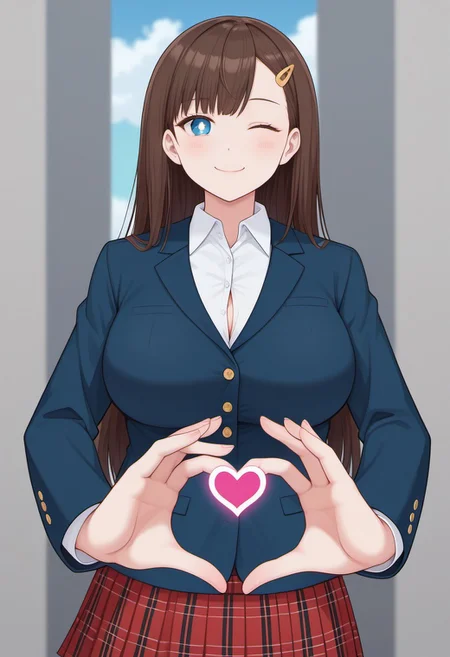 saotome_noan, bright pupils, white pupils, blue eyes, brown hair, long hair, yellow hairclip, hair ornament, cleavage, white shirt, collared shirt,, closed mouth,smile,, masterpiece, best quality, very aesthetic, absurdres, general,, 1girl, solo, large breasts,
blue blazer, school uniform, red skirt, plaid skirt, pleated skirt, white thighhighs, zettai ryouiki,
blue sky, (grasslands:1.2), looking at viewer, close-up:1.2), (facing viewer:1.2), one eye closed, standing, heart hands,