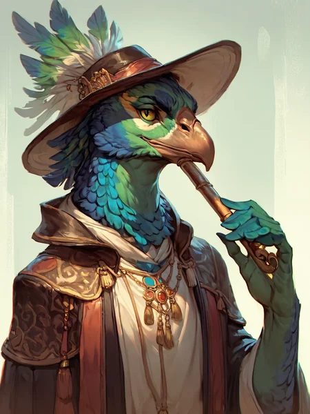 score_9, score_8_up, score_7_up, score_6_up, score_5_up, score_4_up,anthro, peafowl, closed tail, feathered tail, bard, playing flute, hat, blue and green feathers, portrait, <lora:Anthro_birds-000018:0.8>