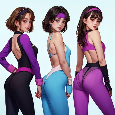 "3girls 20yo", "wearing colorful highleg leotard, spandex, belt, headband, fingerless gloves, legwarmers, white sneakers", "80s makeup, 80s hair", at dim dancehall, high detailed skin, <lora:Delorean-80s-aerobics-v3:0.8>,LEGWARMERS,full fugure, <lora:ahx_v1:0.7>,small breasts, , skinny arms, slim body, skinny girl, skinny hips, freckles, narrow torso, thin torso,happy,smile,from behind, ass