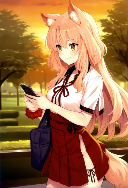 masterpiece, best quality, 1girl, solo, light orange hair, animal ears, long hair, yellow eyes, white shirt, short sleeves, collared shirt, single wrist scrunchie, red wrist scrunchie, red ribbon, neck ribbon, red hakama short skirt, black ribbon-trimmed hakama, tail, shoulder bag, holding phone, smartphone, happy, cowboy shot, looking at phone, sunset, park
