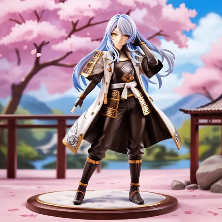 score_7_up, score_8_up, score_9_up, BREAK, 1girl, transwoman, beautiful woman, powder blue hair, long hair, swept bangs, gold eyes, looking at viewer, flat expression, gentle smile, alluring, flat chest, samurai, white flowing coat, black pants, fingerless gloves, black boots, adjusting hair, solo, full body, figurine, cherry blossoms, outdoors, blurry background