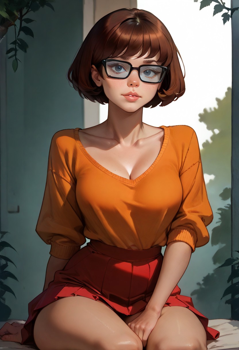 score_9, score_8_up, score_7_up, score_6_up, 1girl, solo, looking at viewer, flirty, Velma,