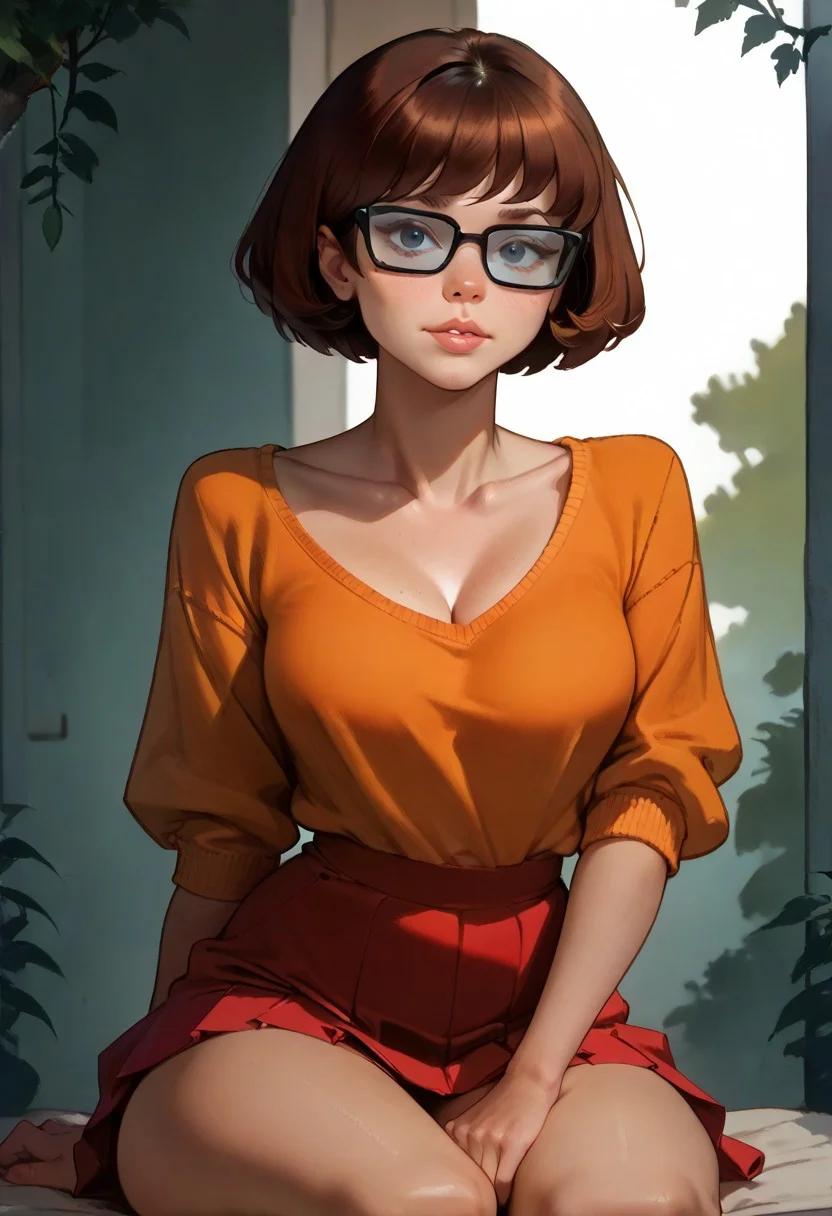 score_9, score_8_up, score_7_up, score_6_up, 1girl, solo, looking at viewer, flirty, Velma,