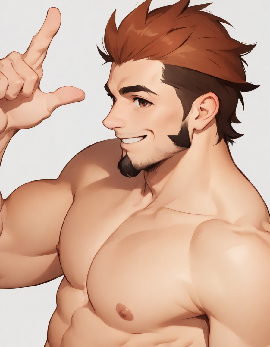 illMaleupBody, solo, smile, simple background, brown hair, white background, brown eyes, nipples, upper body, male focus, nude, multicolored hair, from side, muscular, facial hair, abs, pectorals, muscular male, bara, beard, mature male, goatee, 1boy
<lora:ILLå¡é2Dç·å­ä¸èº«illMaleupBody:0.8>,