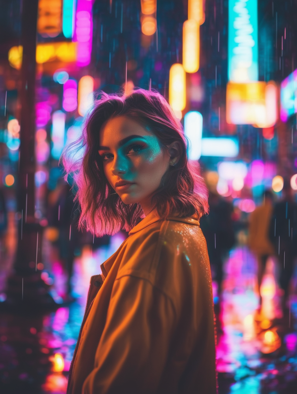 <lora:Brandon Woelfel Style:1>Brandon Woelfel Style - Photograph the young woman in a bustling cityscape at night, with vibrant neon lights illuminating the streets and reflecting off rain-soaked pavements, capturing the excitement and energy of urban life