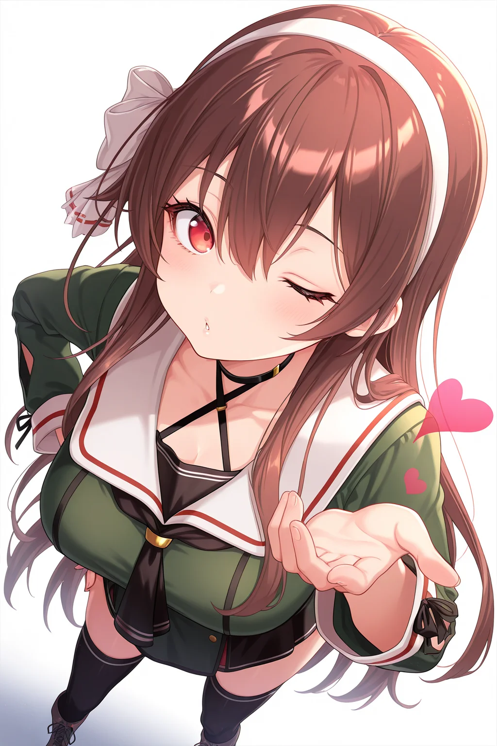 1girl, YaezawaNatoriDotLive,
general, solo, perspective, dutch angle, upper body,
very long hair, brown hair,
red eyes, eyelashes, large breasts,
white hairband, hair bow on right side,
black choker, criss-cross halter, black neckerchief,
white sailor collar, green shirt, long sleeves,
black skirt, miniskirt,
black thighhighs, boots,
leaning forward, blowing kiss, looking at viewer, one eye closed, parted lips, hand on own hip,
white background,
<lora:kp_YaezawaNatoriDotLive2ndCostumeIllustrious_v1_0:1.0>,
masterpiece, best quality, amazing quality
