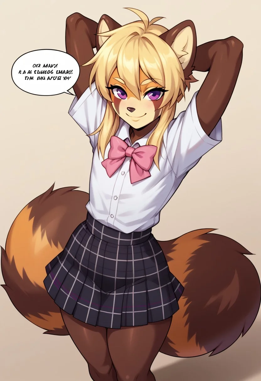 drawpanther_style,score_8_up, score_7_up, solo, foxacuwaku, red panda,1boy, femboy, long blonde hair, purple eyes, slim waist, wide hips, multicolored skin, brown tail, yellow face, BREAK,cute, sunny day, white shirt, pink bow tie, black plaid skirt, looking at the viewer, hands behind his back, wide smile,above the head speech piece, he says: "Anton, you are the best artist!!!"