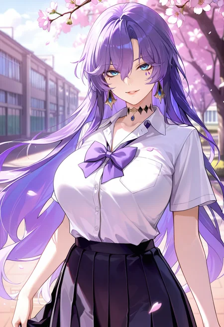 masterpiece, best quality, amazing quality,cantarella, blue eyes, purple hair, hair between eyes, purple under eye one facial mark,1girl, long hair, breasts, solo, large breasts,school uniform,pleated skirt,white shirt, black skirt, purple bow,short sleeves, parted lips, light smile, standing, looking at viewer, cowboy shot, blurry background, outdoors, school, cherry blossoms <lora:cantarellaV1:0.8>