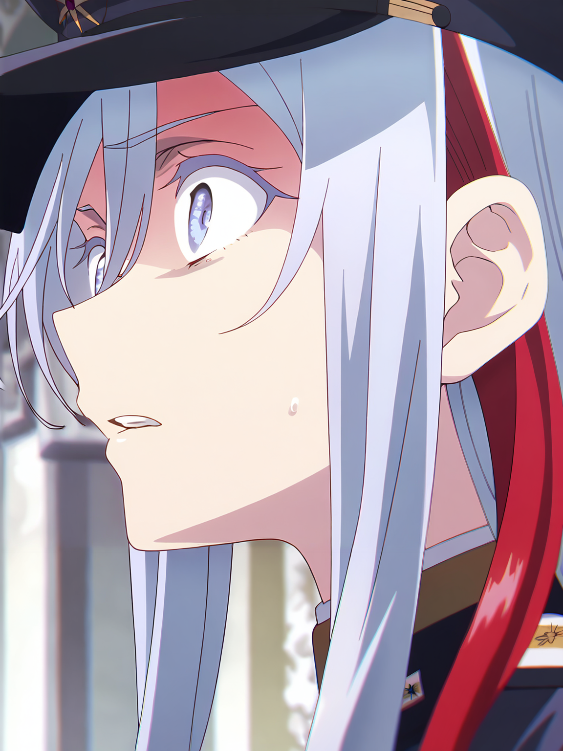 <lora:Vladilena_Milizé:0.8>, vladilena millize, 1girl, solo, blue eyes, long silver hair, red streaks, military hat, shocked, scared, wide-eyed, sweatdrop, parted lips, teeth, close-up, cropped, looking ahead, indoors, imperial palace, column, depth of field