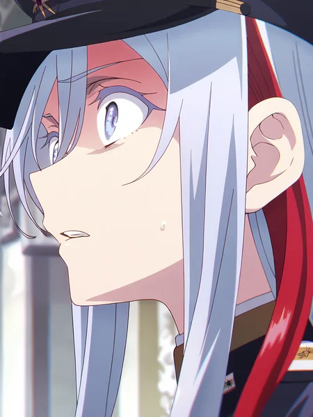 <lora:Vladilena_Milizé:0.8>, vladilena millize, 1girl, solo, blue eyes, long silver hair, red streaks, military hat, shocked, scared, wide-eyed, sweatdrop, parted lips, teeth, close-up, cropped, looking ahead, indoors, imperial palace, column, depth of field