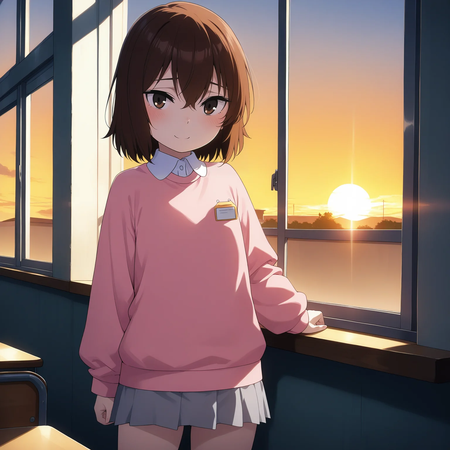 pixiv masterpiece, score_9, score_8_up,  source_anime, score_7_up, best quality, high res, absurd res, 
<lora:Kayo_Hinazuki_Illustrious_v19-000013:0.9>,kayo_hinazuki_il, 1girl, brown_eyes, short_hair, brown_hair, light_pink_sweater, single_button_collared_shirt, grey_skirt, solo, window, classroom,  faint smile, cowboy shot, name_tag, sunset, little girl, flat_chest