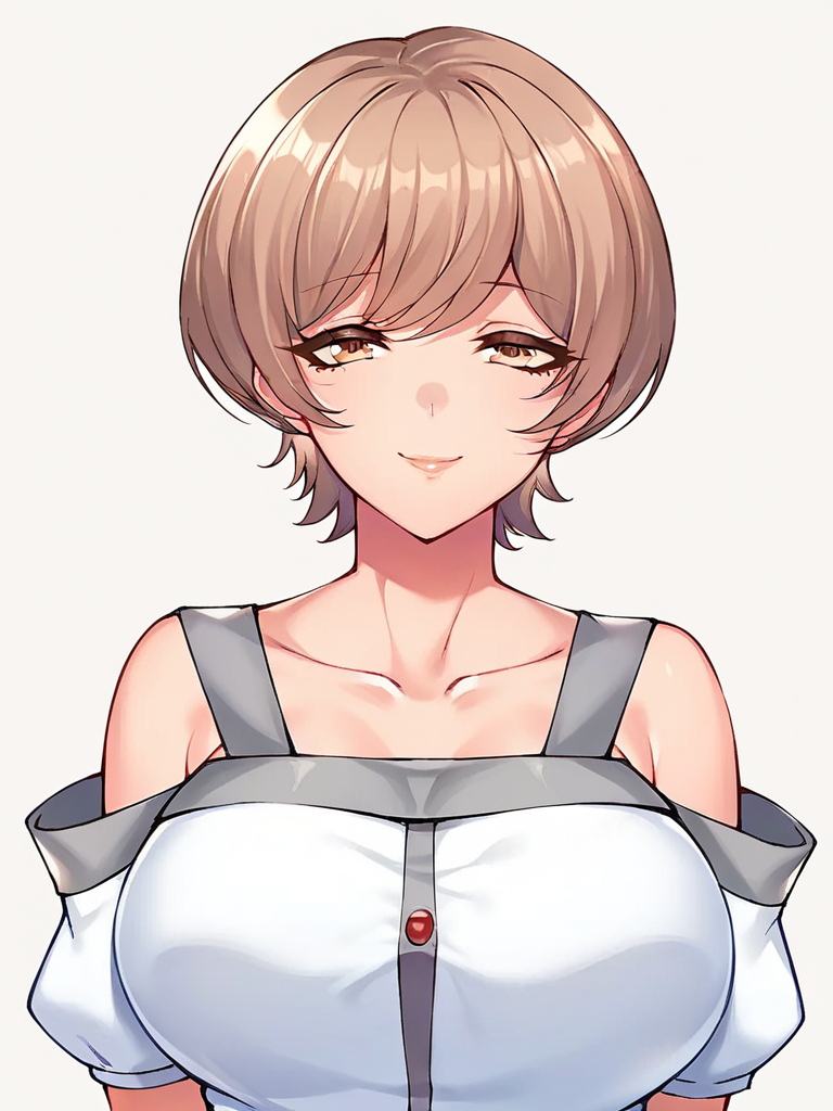 score_9, score_8_up, score_7_up,  
1girl, maibara satoko, light brown hair, short hair, large breasts,



white background, upper body, smile, closed mouth, naughty face, looking at viewer,
off-shoulder shirt, detached sleeves, short sleeves, 
