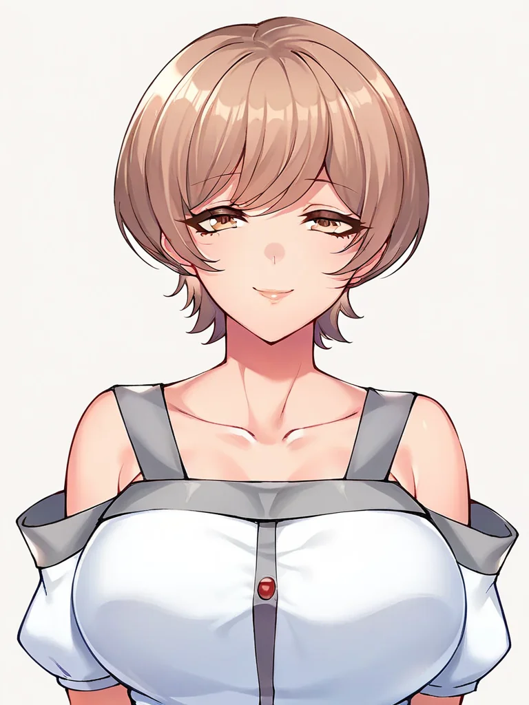score_9, score_8_up, score_7_up,
1girl, maibara satoko, light brown hair, short hair, large breasts,
white background, upper body, smile, closed mouth, naughty face, looking at viewer,
off-shoulder shirt, detached sleeves, short sleeves,