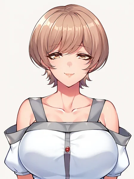 score_9, score_8_up, score_7_up,
1girl, maibara satoko, light brown hair, short hair, large breasts,
white background, upper body, smile, closed mouth, naughty face, looking at viewer,
off-shoulder shirt, detached sleeves, short sleeves,