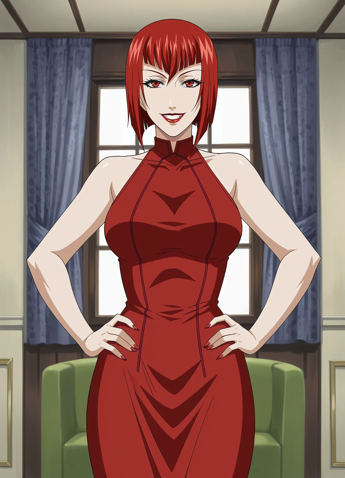 <lora:Madame_Red-Angelina_Durless-Kuroshitsuji:0.85>,mrad,mature female,1girl,solo,red hair,short hair,lipstick,makeup,red eyes,breasts,red dress,cowboy shot,hands on own hips,looking at viewer,indoors,smile