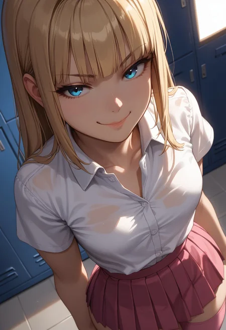 (score_9, score_8_up, score_7_up), 1girl, solo,blonde hair, blue eyes, long hair, hime cut, long bangs, small breasts, buttoned shirt, white buttons, white shirt, pink skirt, pleated skirt, pink thighhighs, short sleeves, collarbone,
(face focus, from above, close-up:1.3),  standing, locker room, night time, dim lighting, dynamic lighting, thighs, wide hips,
(leaning back, arched back, dutch angle:1.2), 
(smug:1.2),