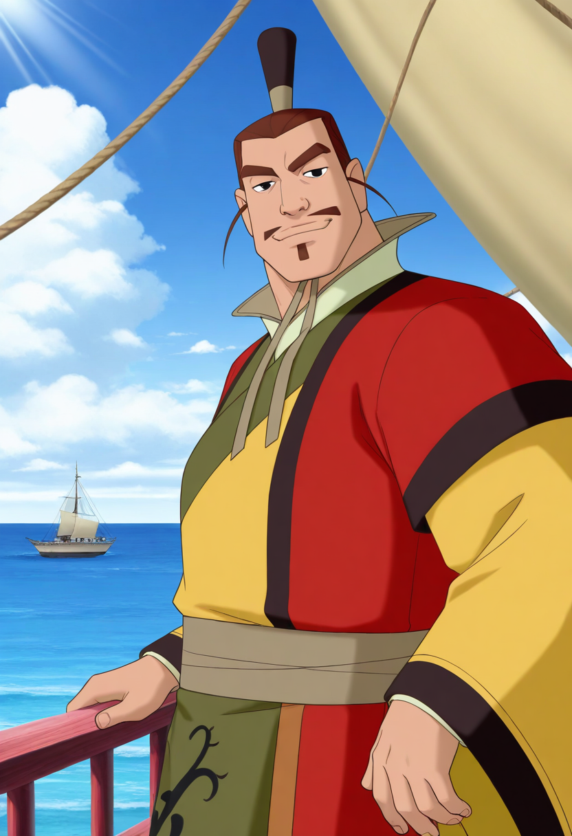 1boy, day, sunlight, leaning back, (upper body:1.5), light smile, looking at viewer, against railing, facing viewer, closed mouth, head tilt,
BREAK
retro artstyle, zhouwang, mature male, thick eyebrows, short hair, brown hair, black eyes, mustache, soul patch,hair ornament, chin strap, topknot,
BREAK
chinese clothes, layered clothes, yellow robe, red overcoat, front cloth, high collar, long sleeves, wide sleeves, brown belt, brown footwear,
BREAK
plump, thick arms, thick thighs, blue sky, horizon, ocean, outdoors, cloudy sky, island, on ship,
BREAK
best quality, masterpiece, very aesthetic, absurdres, highest detailed, very awa, <lora:King_Zhou_from_The_Legend_Of_Nezha_v1.0:1>