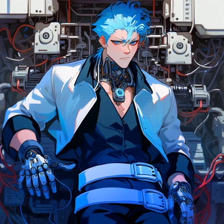 Grimmjow, blue hair, blue eyes, white crop jacket, black shirt, black pants, white belt, score_9, score_8_up, score_7_up, source_anime, reelmech, mechanical parts, cable, wires, machinery, joints, body suit, mechanical panther,
