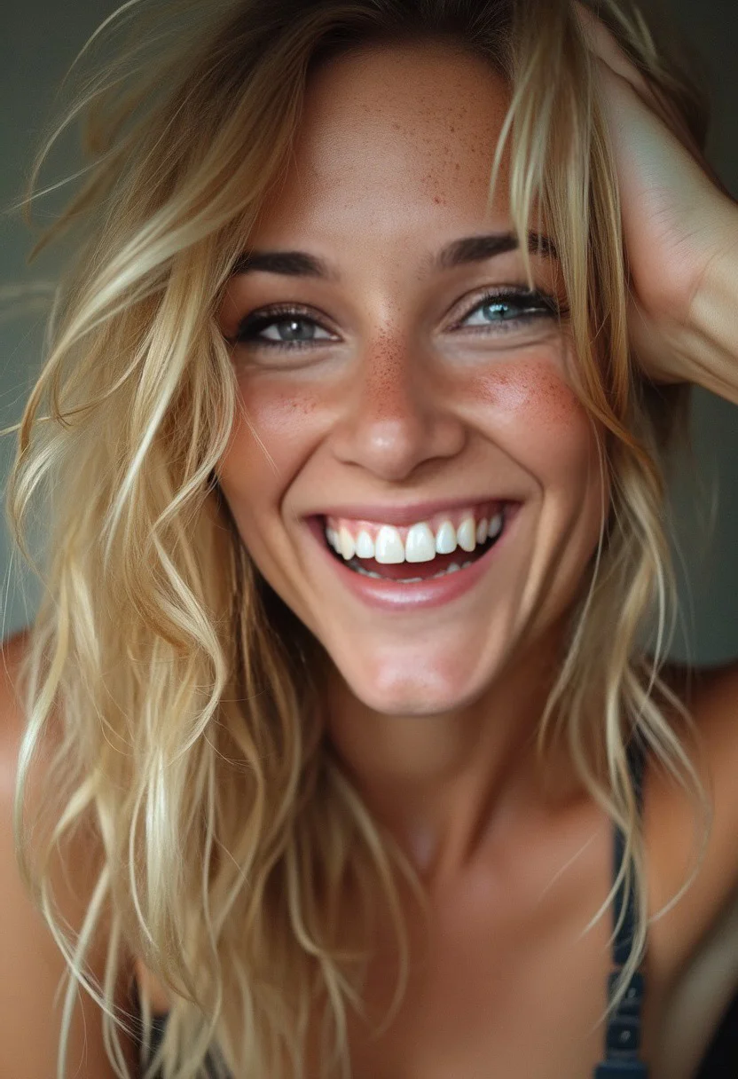 Blond woman with messy hair.
Picture with very low angle
Big eyes
Freckles
High detailed skin.
Hand in hair
No underwear
Close up on face
Laughing with teeth