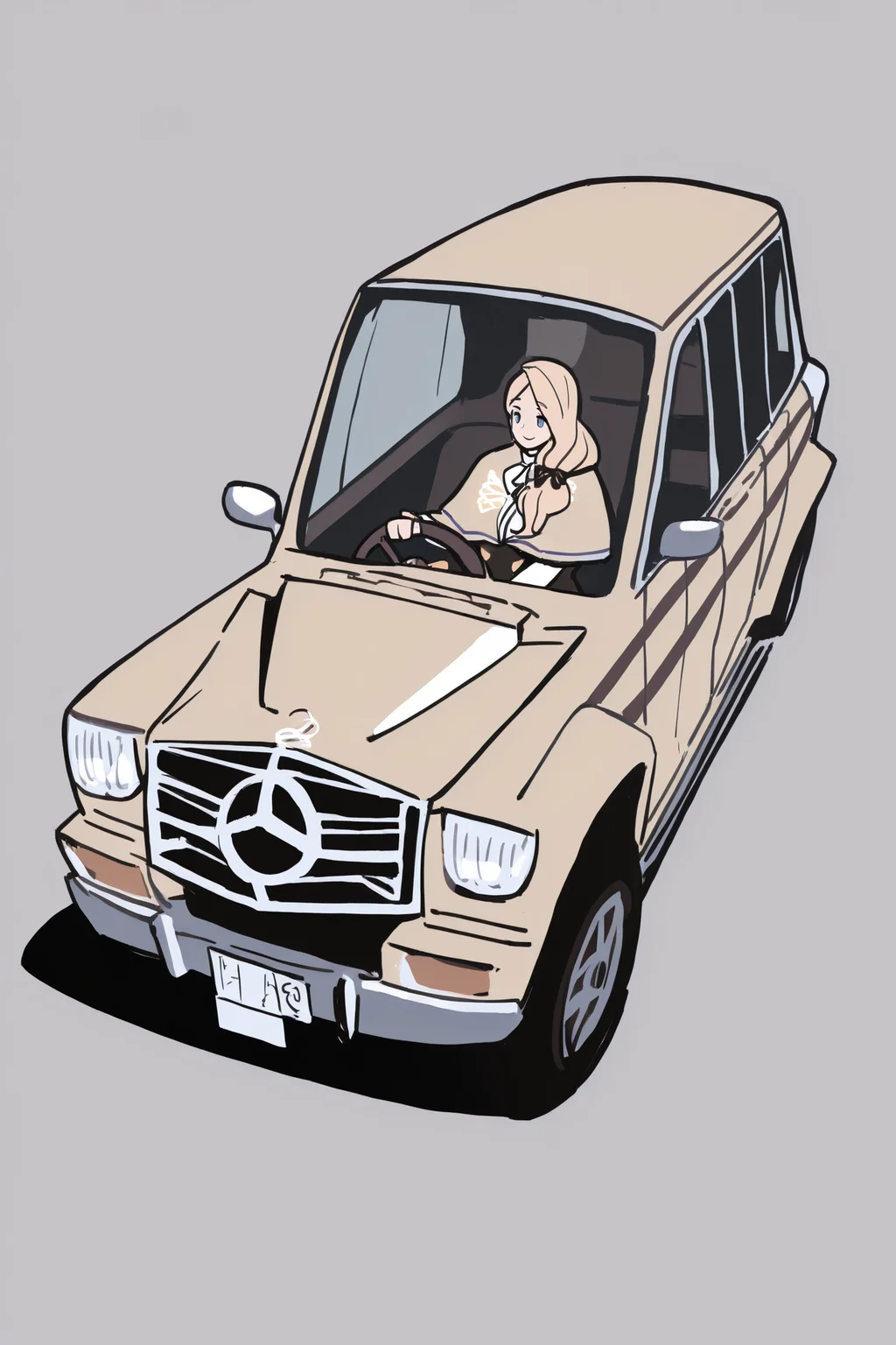 masterpiece, best quality, 1girl, solo, <lora:femercedes-illu-nvwls-v1-000005:1> defmcdes, blonde hair, low-tied long hair, hair over shoulder, blue eyes, hair bow, beige capelet, white shirt, white ascot, high-waist skirt, black skirt, driving car, (mercedes-benz:1.1) logo, wide shot, steering wheel, smile