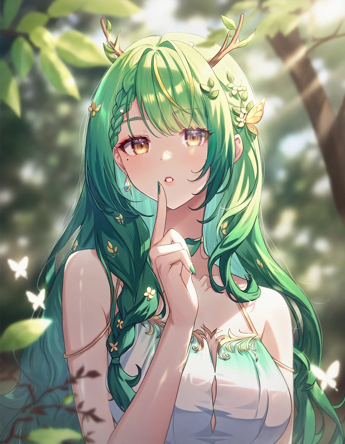 1girl, index finger raised, solo, long hair, bangs, hair ornament, yellow eyes, upper body, multicolored hair, outdoors, parted lips, green hair, hair flower, blurry, tree, mole under eye, single braid, leaf, eyes visible through hair, butterfly, branch, antlers, braided bangs, ceres fauna, amazing quality, <lora:jlt4n-000004:1>