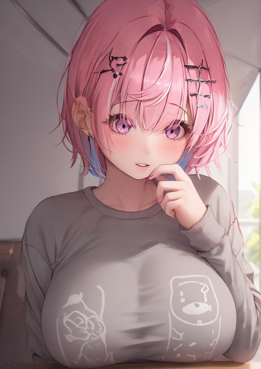 1girl, huge breast, colored inner hair, ear ribbon, fish hair ornament, grey shirt, grid print, hair behind ear, hair ornament, hairclip, hand up, heart, heart hair ornament, heart in eye, long sleeves, multicolored hair, parted lips, pink hair, pink ribbon, purple eyes, purple nails, ribbon, shirt, short hair, solo, symbol in eye, two-tone hair, umbrella hair ornament, upper body, <lora:prab:1>