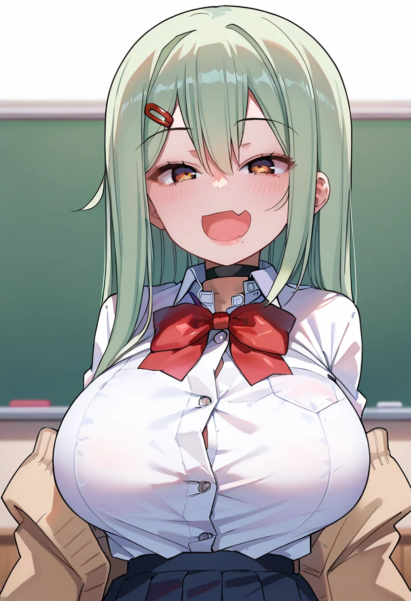 score_9, score_8_up, score_7_up, absurdres, source_anime, 1girl, solo,portrait,
<lora:Sorako_MOZU_v1-rev2:1> sorakomozu, brown eyes, black pupils, long hair, hairclip, huge breasts, short, short stature,
black choker, white shirt, red bowtie, beige cardigan, sleeves past wrists, off-shoulders,
smug, blush, skin fang, open mouth, mesugaki,
classroom,