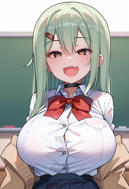 score_9, score_8_up, score_7_up, absurdres, source_anime, 1girl, solo,portrait,
<lora:Sorako_MOZU_v1-rev2:1> sorakomozu, brown eyes, black pupils, long hair, hairclip, huge breasts, short, short stature,
black choker, white shirt, red bowtie, beige cardigan, sleeves past wrists, off-shoulders,
smug, blush, skin fang, open mouth, mesugaki,
classroom,