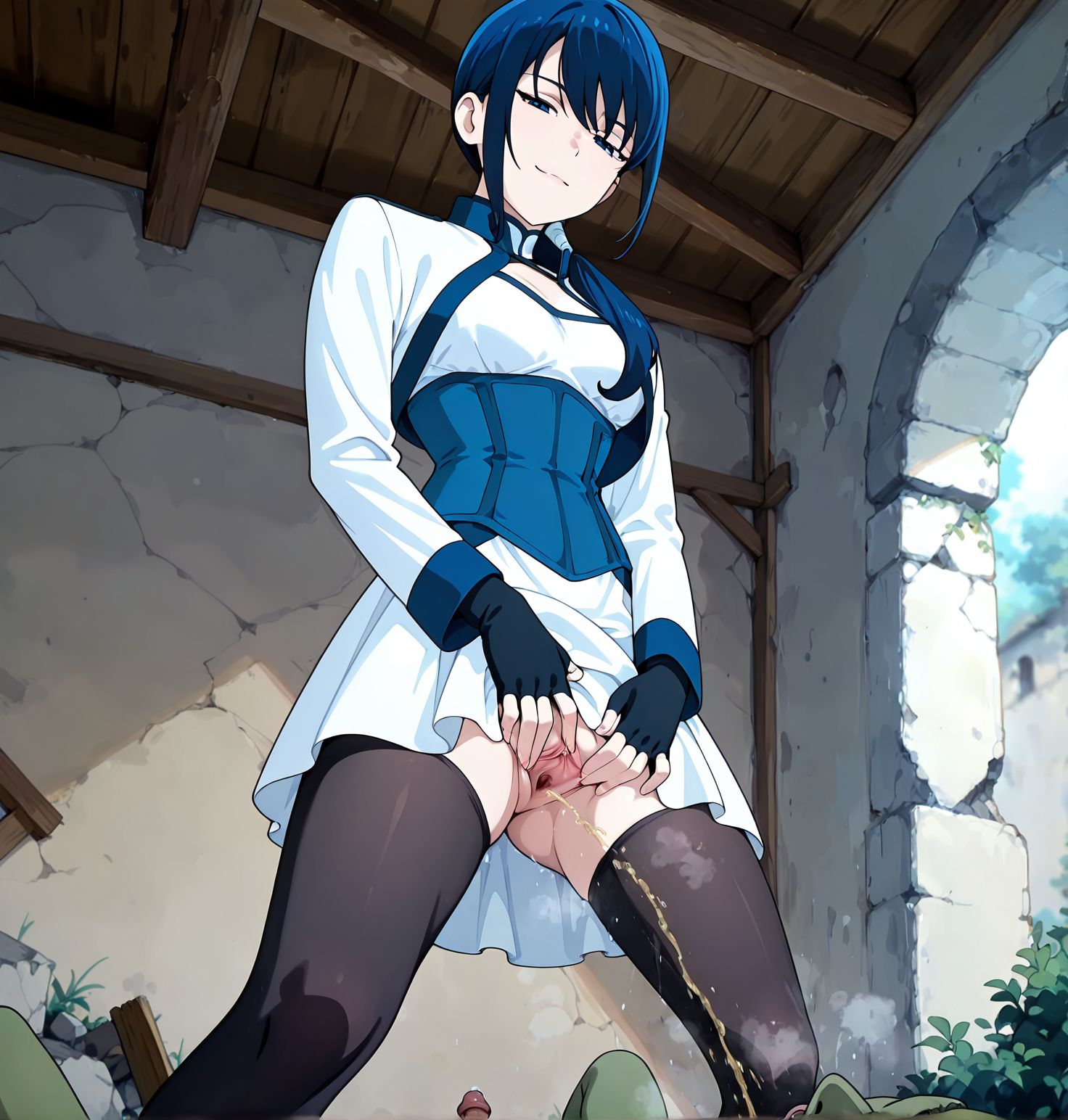 masterpiece, best quality, newest, absurdres, highres, detailed eyes, beautiful, detailed background, perfect eyes, anime coloring, anime screencap,
<lora:HaiToGensouNoGrimgar_Mary_IlluXL:0.9>, 1girl, solo, closed mouth, light smile, hair over shoulder, low ponytail, blue hair, blue eyes, cropped jacket, white jacket, short dress, white dress, blue corset, long sleeves, fingerless gloves, black pantyhose, standing, looking at viewer, medieval, rubble, ruins, foliage, blurry background, day,
<lora:golden_shower:1>:golden_showerV1,peeing, 1girl, 1 goblin male, green skin male,
 spread pussy, steaming body, naughty face, 
 girl pees on another boy,  female public hair,closed eyes male, (male masturbation,hand on penis),cumdrip,  cum on body,from below, 
wet,steaming body,  golden shower,peeing on penis,huge penis, open mouth, projectile cum, moaning, motion lines, motion blur,