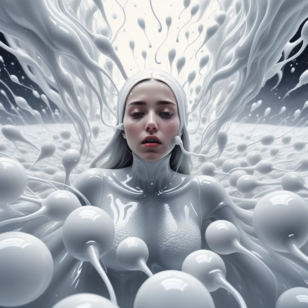 girl immersed in white liquid in a surreal world surrounded by sperm spermazoid <lora:gametes :1>