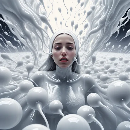 girl immersed in white liquid in a surreal world surrounded by sperm spermazoid <lora:gametes :1>