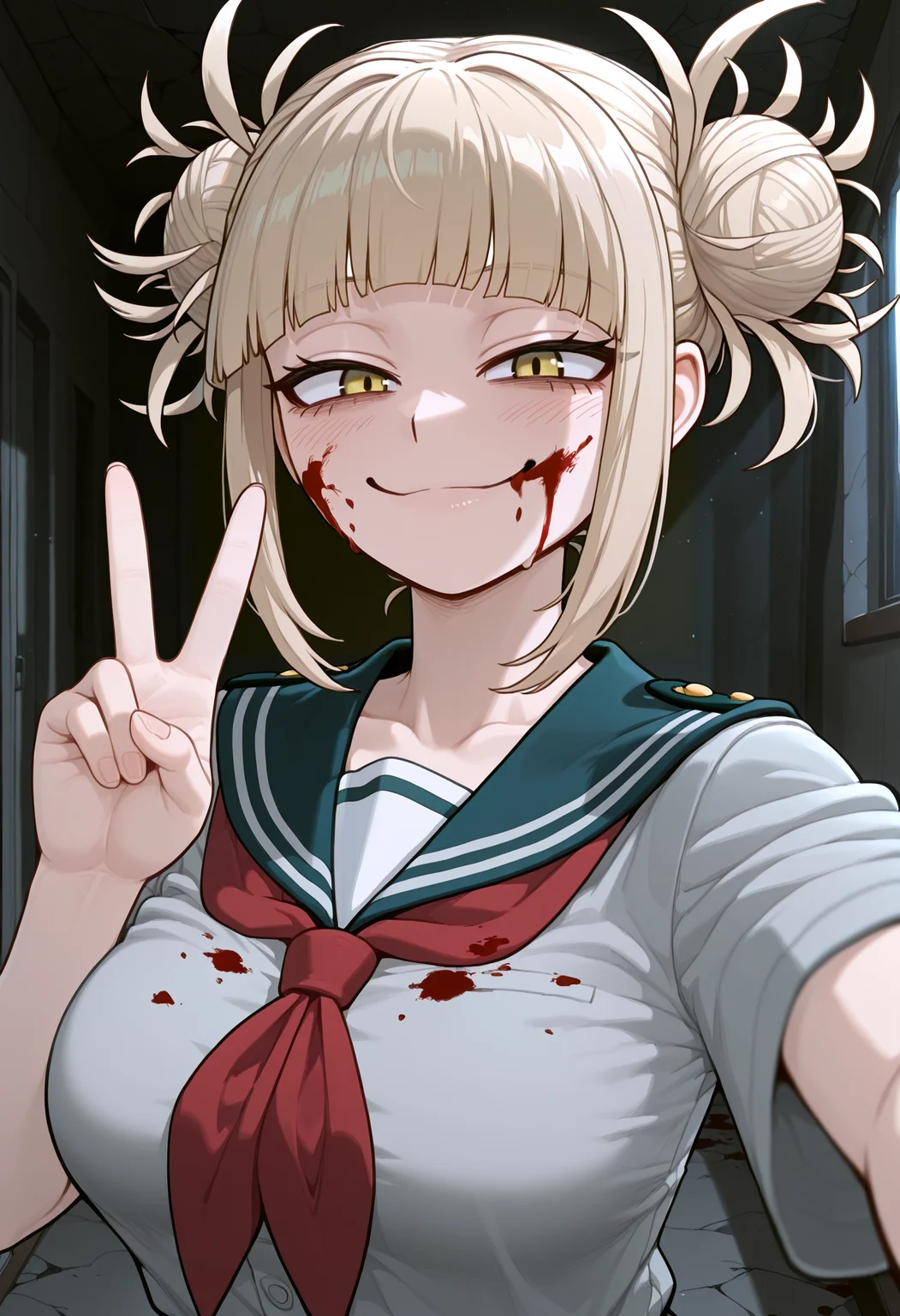 very aesthetic, masterpiece, best quality, newest, absurdres, highres, 
1girl, solo, (toga himiko), [boku no hero academia], sagging breasts, perky breasts,
school uniform, u.a. school uniform,
blood, blood on face, blood on clothes, selfie, close-up, smug, peace sign, 
(indoors, night, spotlight, crack of light, basement, creepy), Rating:General,
<lora:CoffeVibes_Style:1>