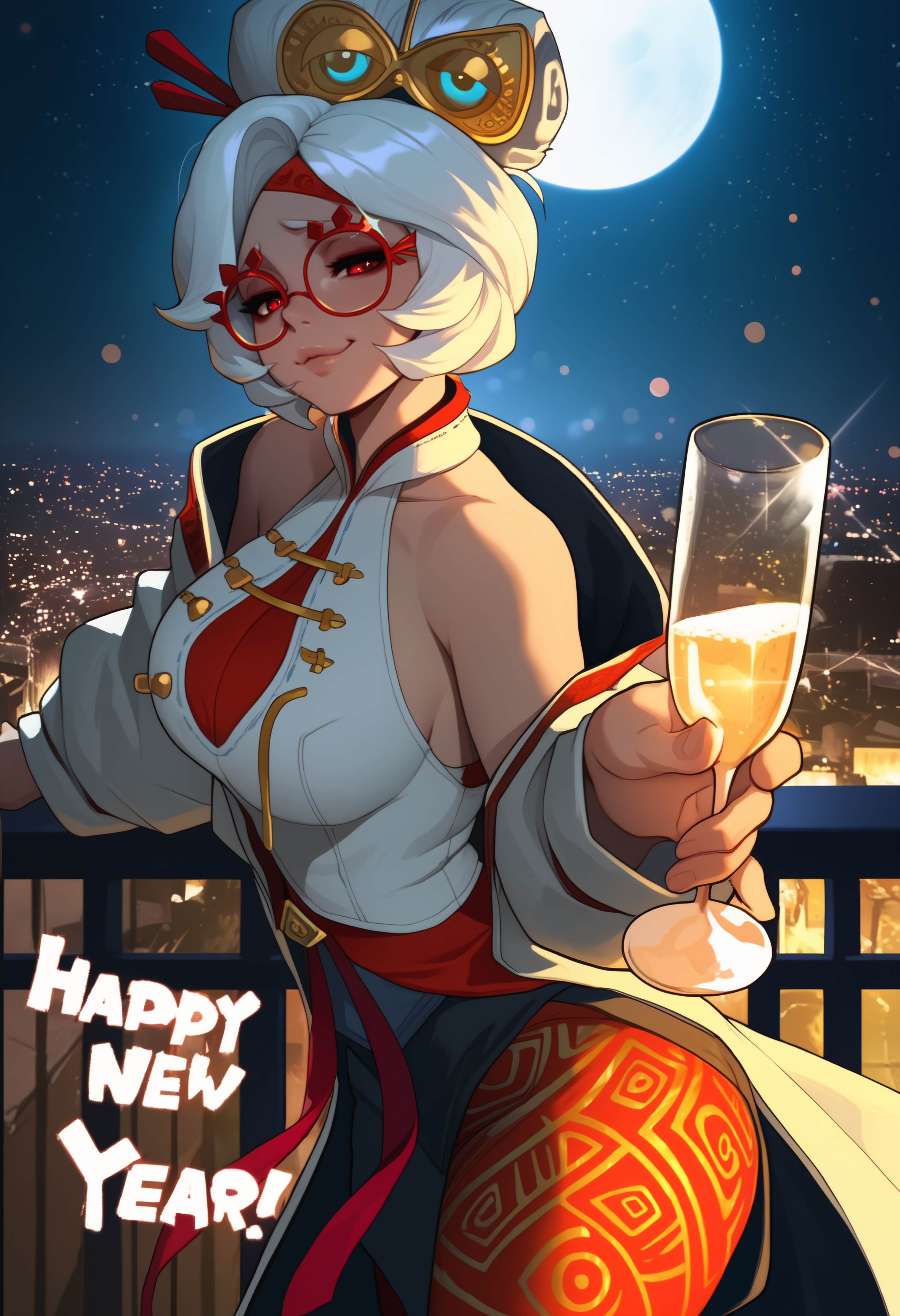 masterpiece, best quality, very aesthetic, cityscape,wind,night sky,darkness,outdoors,railing,moonlight,stars,dark theme,foreshortening,backlighting,depth of field,bokeh,pov,1girl,prhn11, white hair, red eyes, red-framed glasses, hair sticks, hair ornament, hair bun, sleeveless shirt, white coat, red trim, black skirt, sash,red leggings,looking at viewer,holding champagne flute,toasting \(gesture\),toasting viewer,lips,smug,(happy new year,2025),light particles,shadows,sparkle,text,pov incoming drink,from side <lora:prh_n11:0.8>