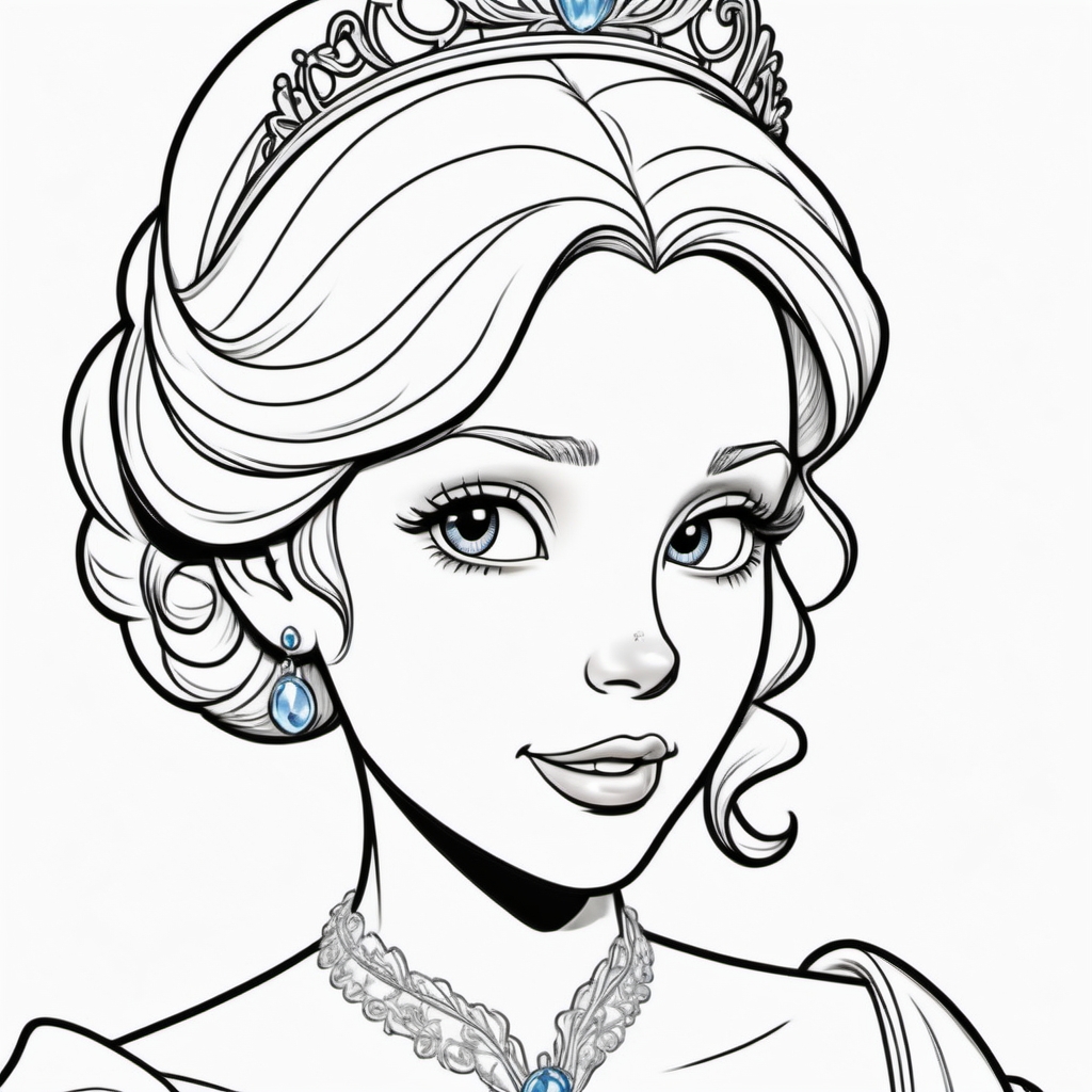black and white, line art, coloring drawing of Disney cinderella<lora:Coloring_book_-_LineArt:0.6>, white background, thick outlines