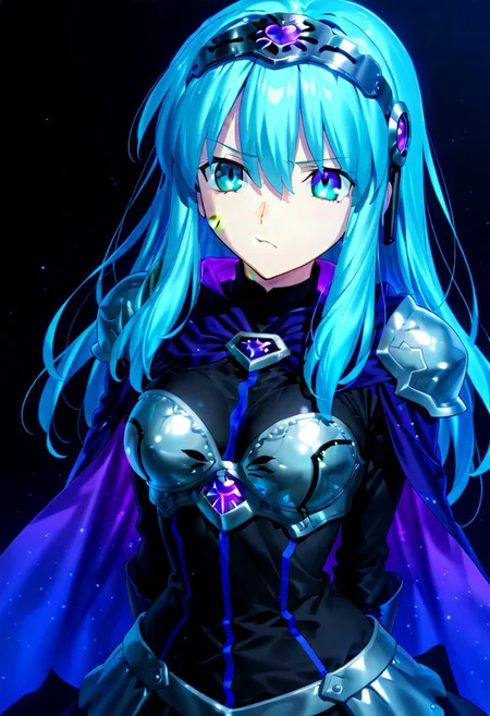 score_9, score_8_up, score_7_up, ((solo)), calm, pout, closed mouth, 1girl, solo, (medium breasts, thin waist, wide hips), peaceful, closed mouth, adult, (((eirika face))), (((cyan hair, cyan eyes))), ((long hair, hair between eyes)), (((indigo cape, metal headband, green metal_uniform, metal breast_armor))), no background, dark background, cowboy shot, dark background, portrait, Expressiveh,