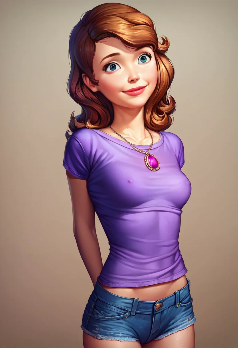 score_9, score_8_up, score_7_up, score_6_up, 1girl, solo, sofia_the_first, purple t-shirt, necklace, jean shorts, detailed eyes, perfect face, perfect eyes, beautiful eyes, petite body, standing, arms behind back, posing, light smile, simple background, dynamic angle,