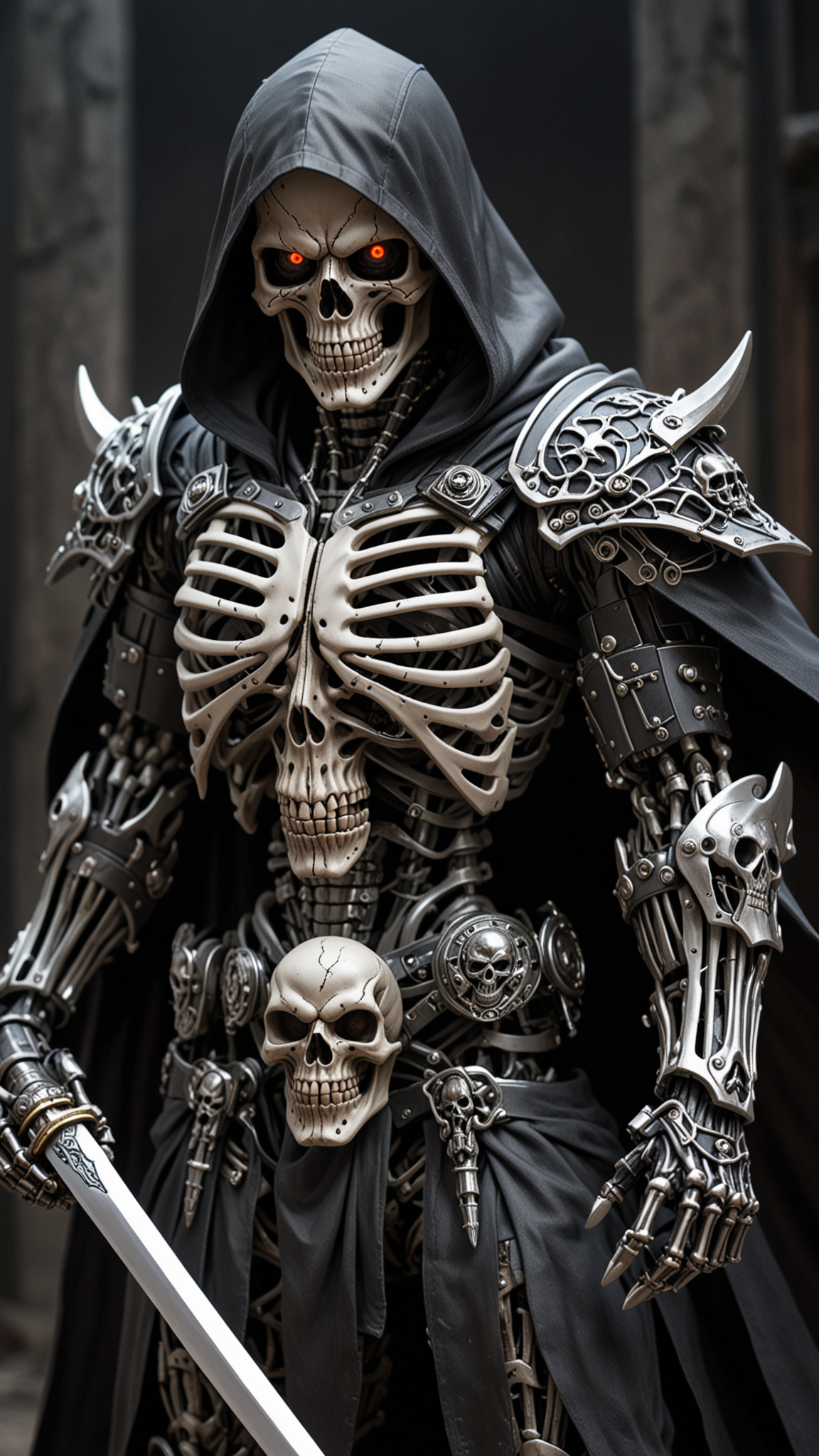 (masterpiece:1.2), best quality, high resolution, perfect lighting, extremely detailed, (Terminator assasin), battle scared white and black carbon armor, Wearing a dark cloak with hood, skull face just visable under hood, full_armor, humanoid, Metal Human skull head, (extreme detailed micro mechcanical scary Metal human skull design). Samurai sword shinning silver, Runes decorative embossments over his cloak, slim muscular body fast agile and stealthy,  <lora:Hired_Cyborg_Assasin_XL_-_By_DICE:0.4>