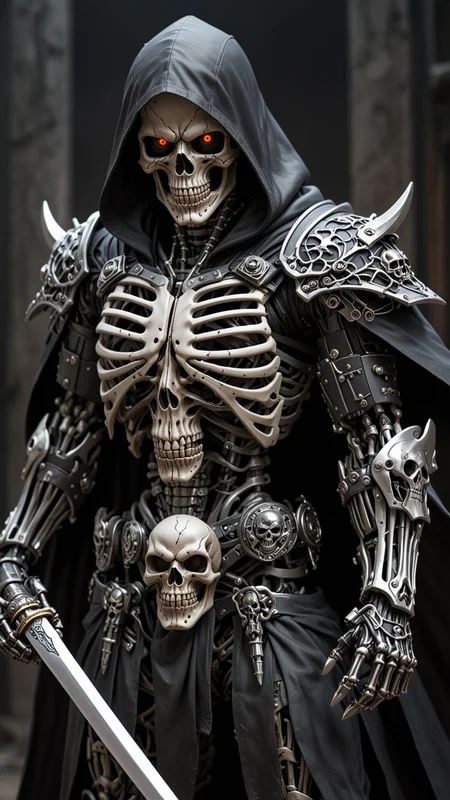 (masterpiece:1.2), best quality, high resolution, perfect lighting, extremely detailed, (Terminator assasin), battle scared white and black carbon armor, Wearing a dark cloak with hood, skull face just visable under hood, full_armor, humanoid, Metal Human skull head, (extreme detailed micro mechcanical scary Metal human skull design). Samurai sword shinning silver, Runes decorative embossments over his cloak, slim muscular body fast agile and stealthy,  <lora:Hired_Cyborg_Assasin_XL_-_By_DICE:0.4>