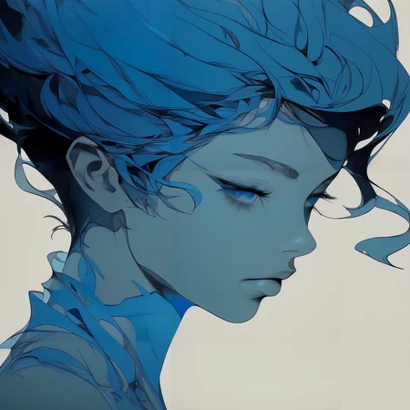 A silhouette of a person bathed in a blue hue is captured in a close-up shot emphasizing the contours of their face and neck, NijiEX style