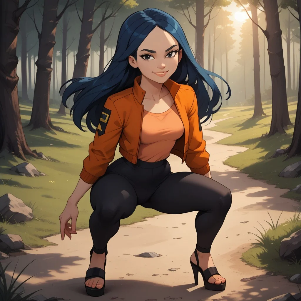 score_9, score_8, BREAK, solo, red jacket, 1girl, orange shirt, leggings, heeled sandals, navy blue hair, black eyes, lips, breasts, total drama, Emma_(Total_Drama), tdtrr, long hair, sexy pose, smile, outdoors, sunlight, shadows, evening lighting, natural lighting, forest, trees, grass, orange sky, sunset
